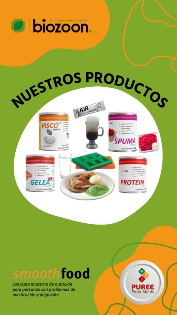 Presentación poster con imagen central de burbuja donde se ven los texturizantes de Biozoon y los moldes Puree Food Molds